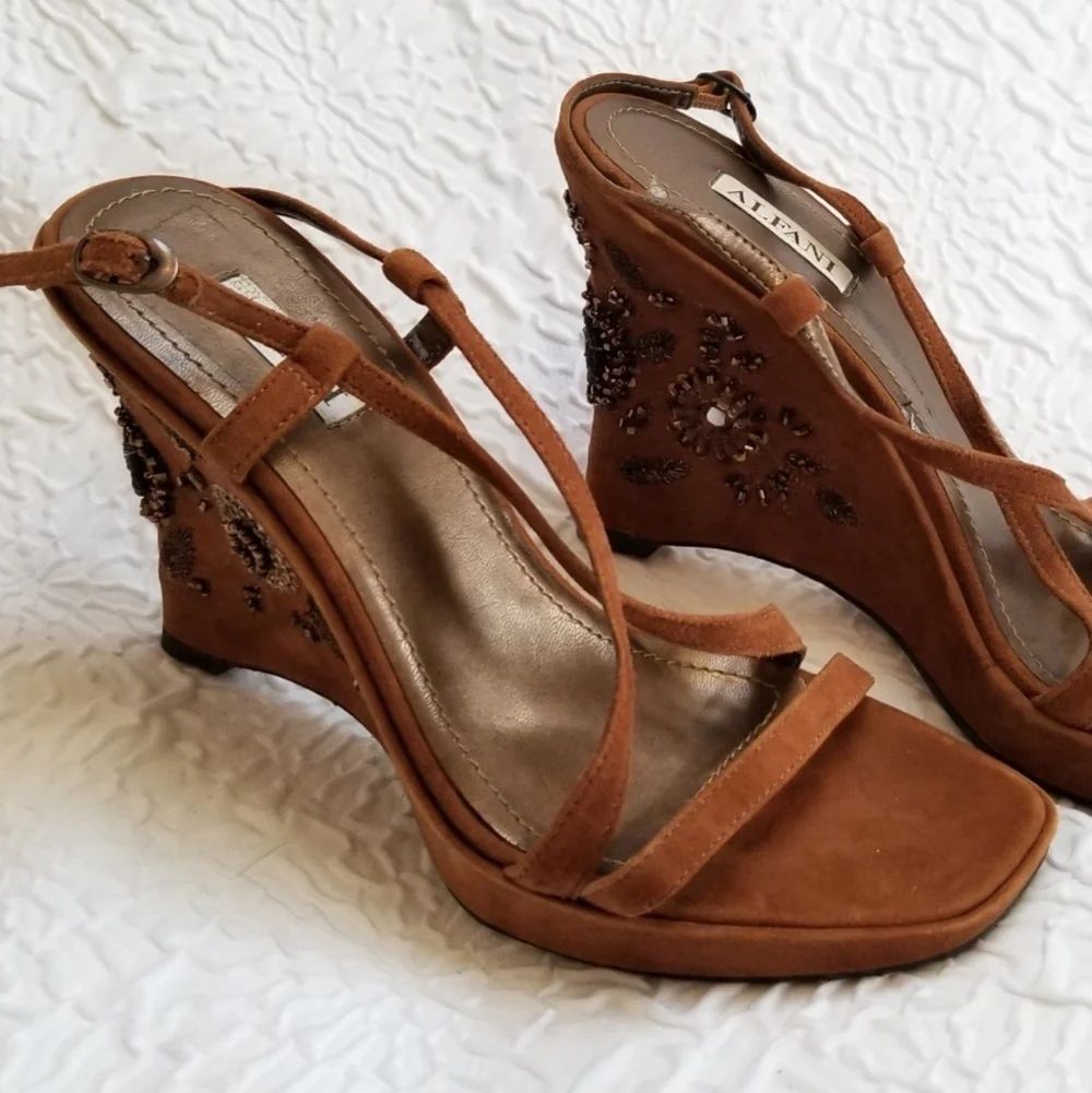 Alfani Serenity Caramel Suede Beaded Wedge Sandals